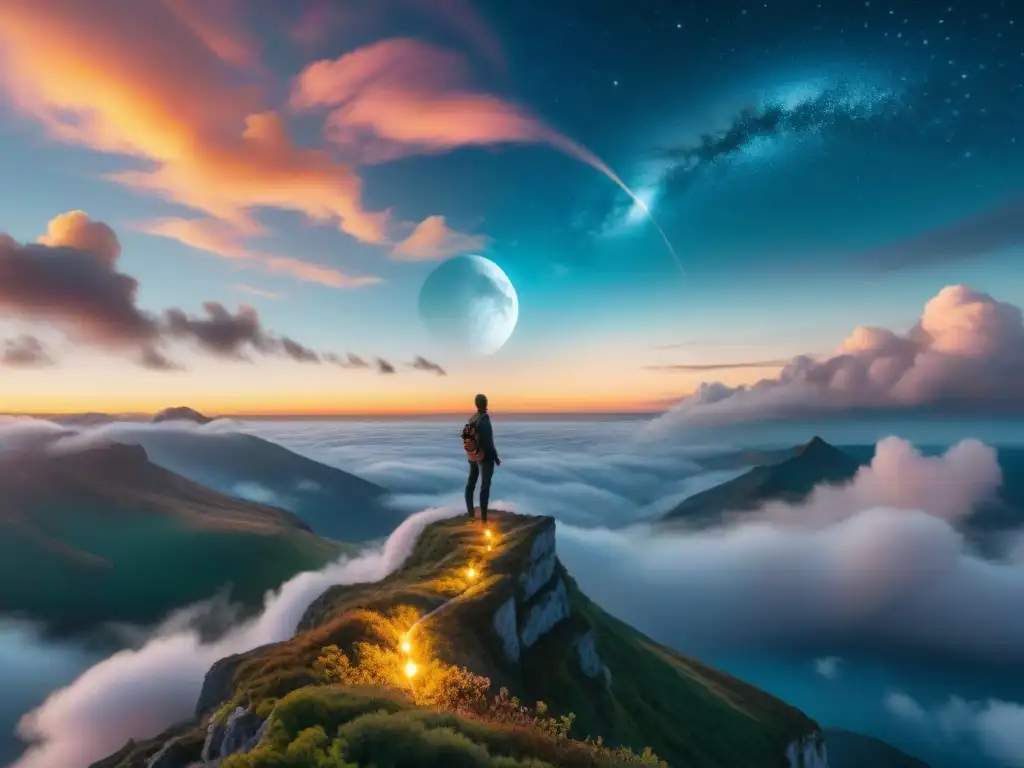 Figura en acantilado bajo luna llena, con paisaje místico y nubes