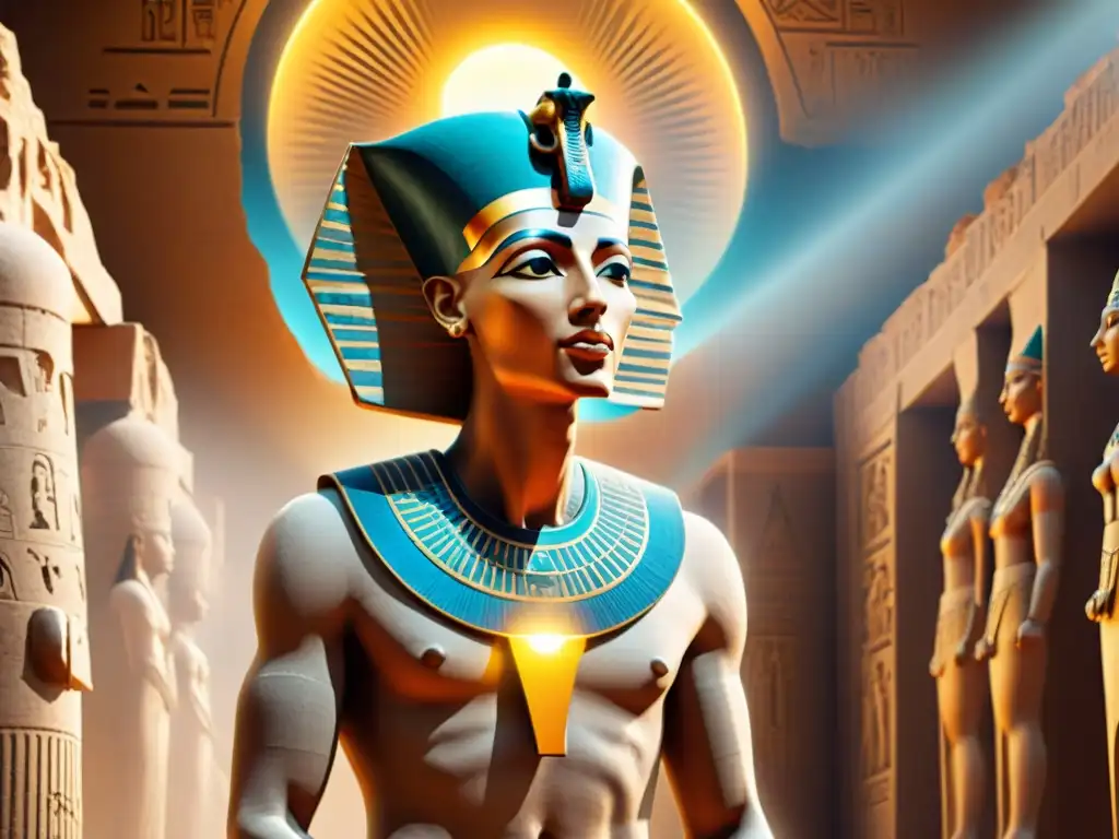 El faraón Akhenaten en un templo iluminado por el sol, rodeado de símbolos de alquimia y energía solar