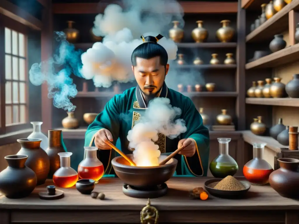 Alquimia china: misterioso taller con alquimistas creando pólvora en una escena detallada