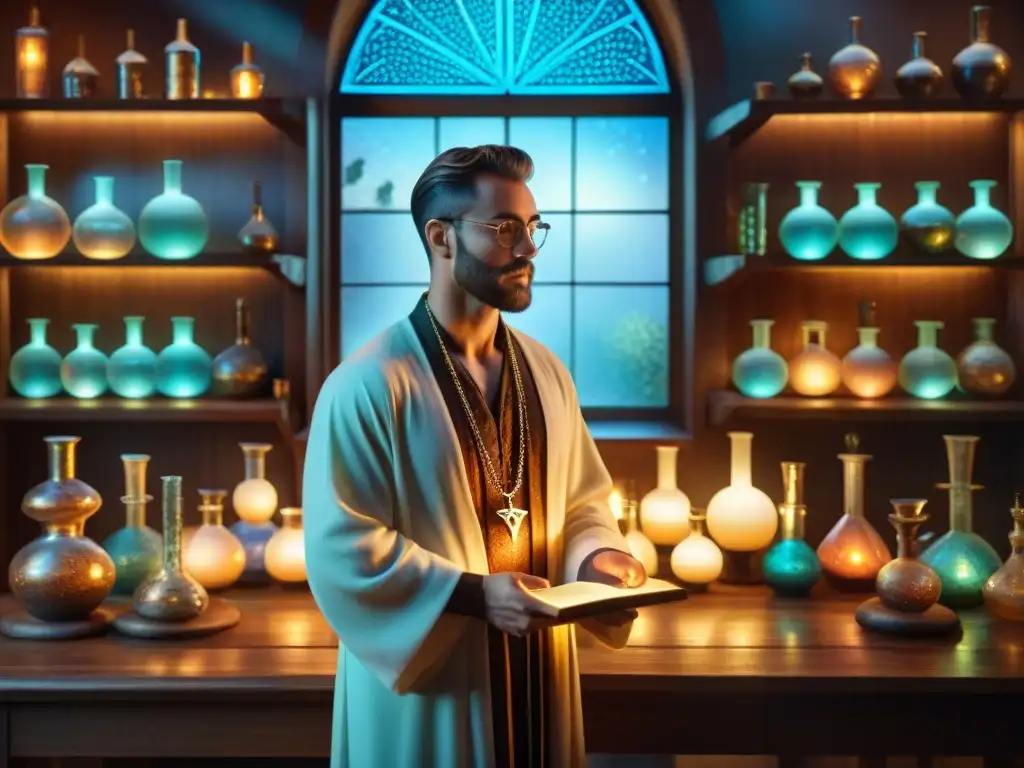 Entra en la mágica aplicación práctica de la alquimia en un laboratorio antiguo iluminado por luz cálida y cristales brillantes