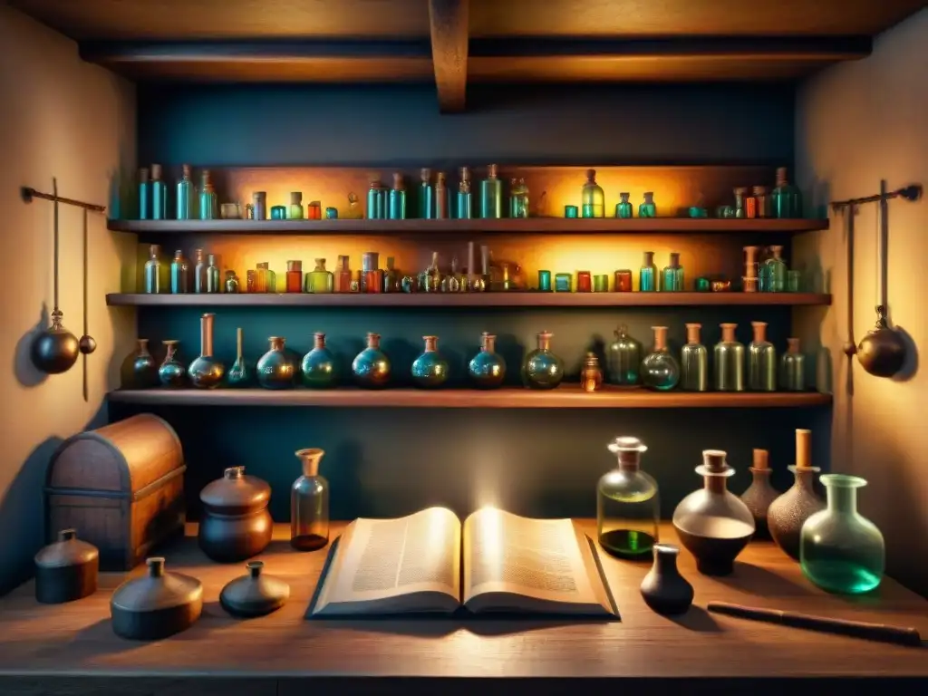 Representación de la alquimia en la literatura medieval: laboratorio de un alquimista con vial