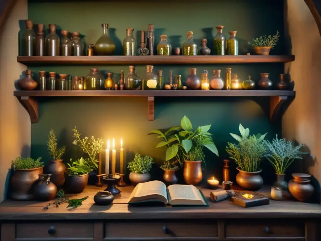 Alquimia botánica en medicina medieval: laboratorio del alquimista con plantas, hierbas, libros antiguos y luz de velas