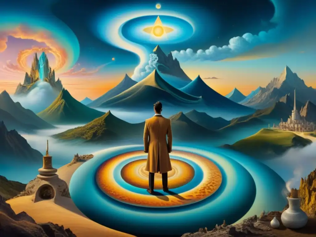 Alquimia en el movimiento surrealista: paisaje místico con símbolos alquímicos y figura al estilo de Salvador Dalí pintando en lienzo