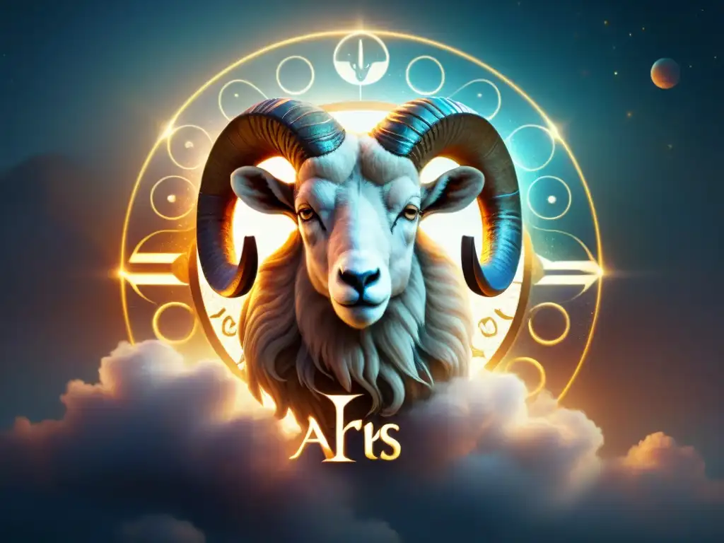 Ilustración alquímica detallada del signo zodiacal Aries, con símbolos entrelazados en su pelaje y un mapa celestial de fondo