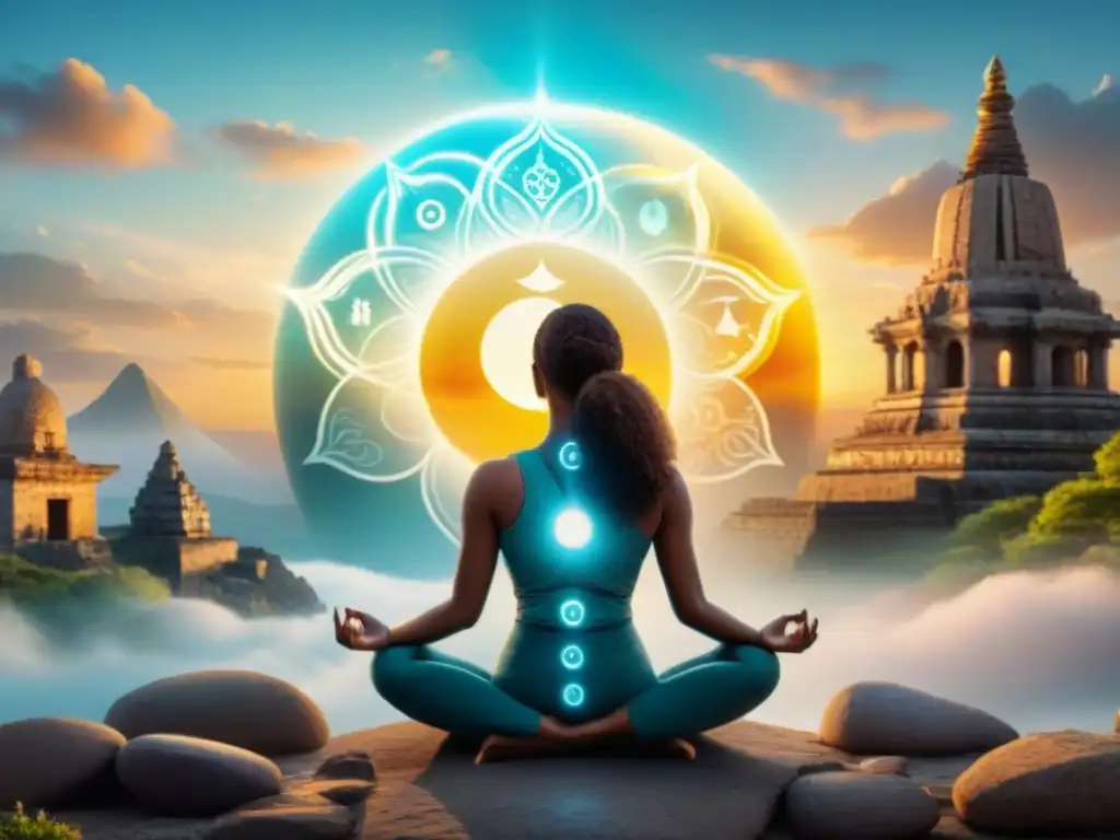 Ilustración alquímica: figura meditando en postura de yoga, rodeada de símbolos de transformación, paisaje místico y sol radiante, transmutación interna yoga meditación alquímica