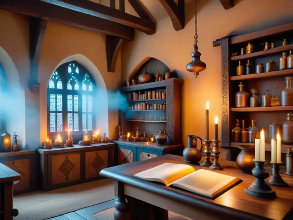 Simulación alquímica en investigación científica: Un laboratorio medieval con pociones burbujeantes, pergaminos antiguos y símbolos misteriosos iluminados por velas, evocando sabiduría ancestral y conocimiento místico