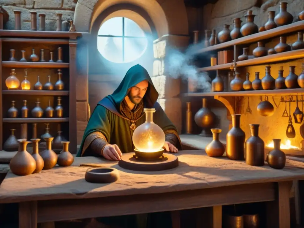 Simulación alquímica en software: Ilustración detallada de un laboratorio medieval con alquimista trabajando en un caldero brillante