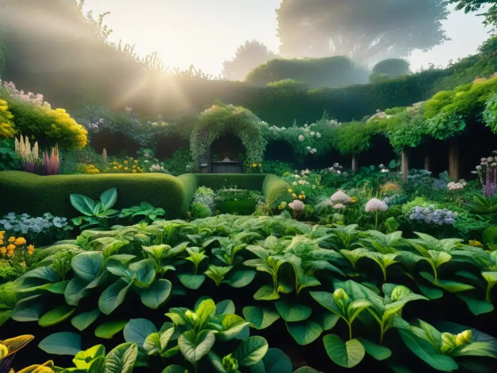 Un jardín alquímico detallado iluminado por una luz etérea, lleno de plantas místicas