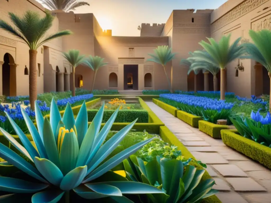 Un jardín alquímico sagrado en Luxor, Egipto, con plantas sagradas como flores de loto y papiros, bañado en luz dorada y misterio antiguo