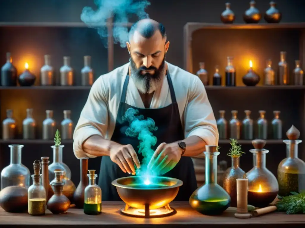 Alquimista ancestral en laboratorio misterioso Un alquimista ancestral en su laboratorio, rodeado de frascos y hierbas