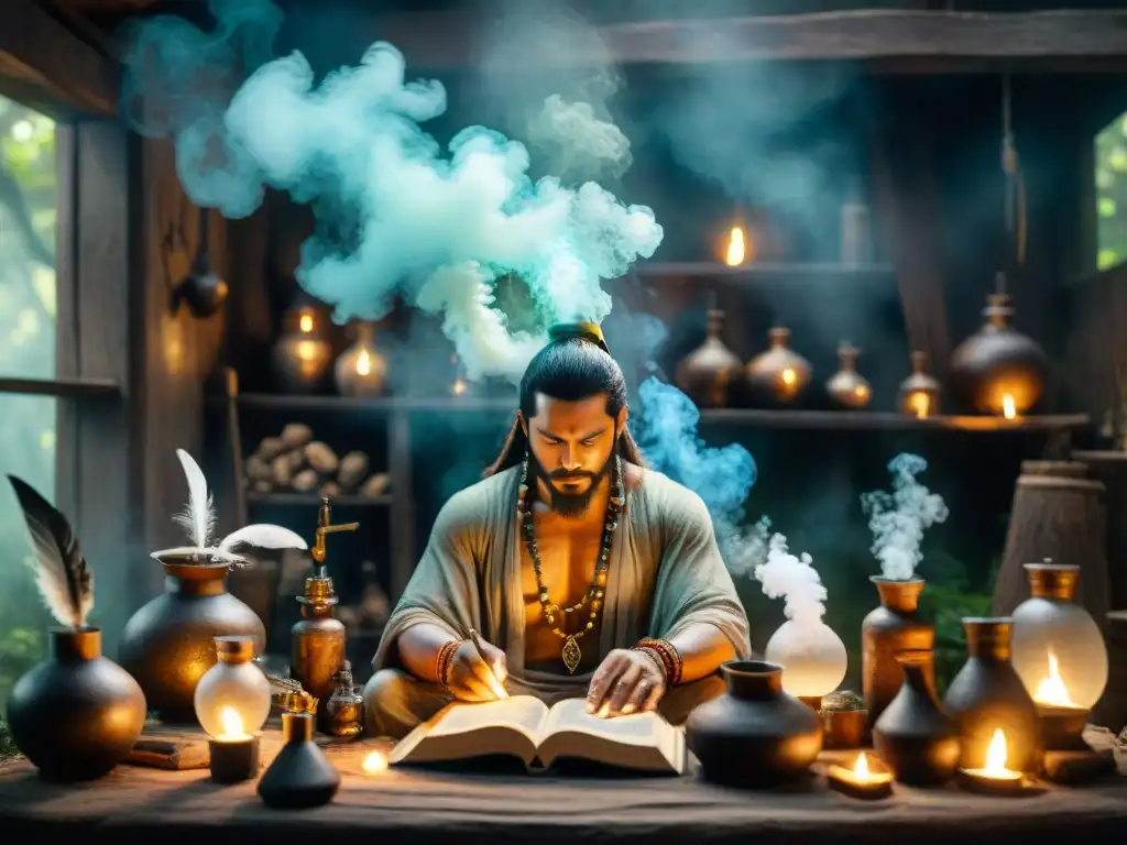 Un alquimista antiguo y un chamán en un taller y bosque llenos de misticismo, historia alquimia chamanes antiguos