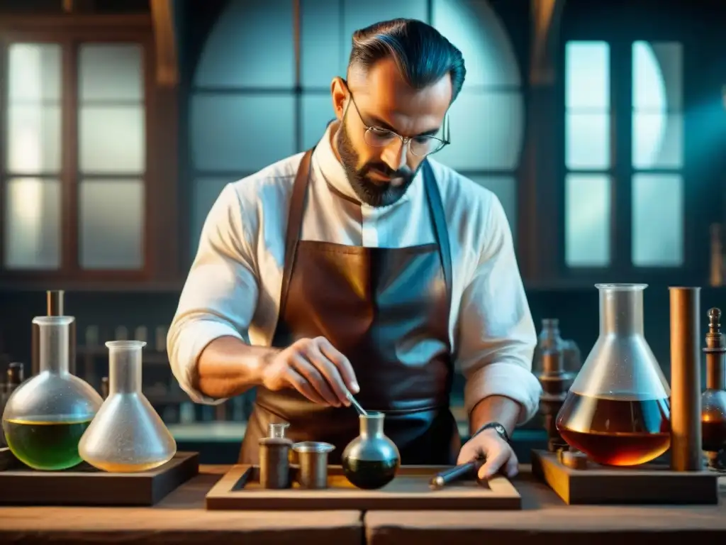 Un alquimista antiguo estudia una filtración alquímica en un laboratorio tenue