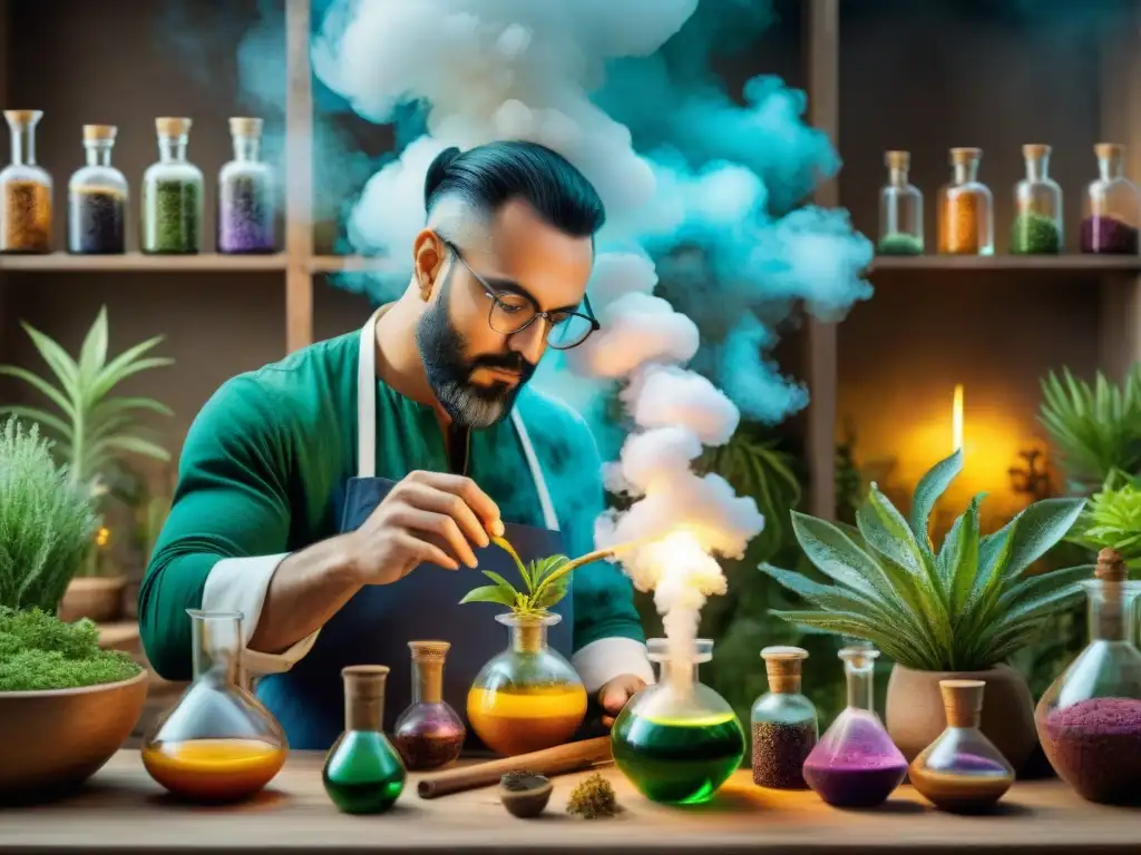 Un alquimista antiguo en un laboratorio botánico, creando magia con plantas alquímicas