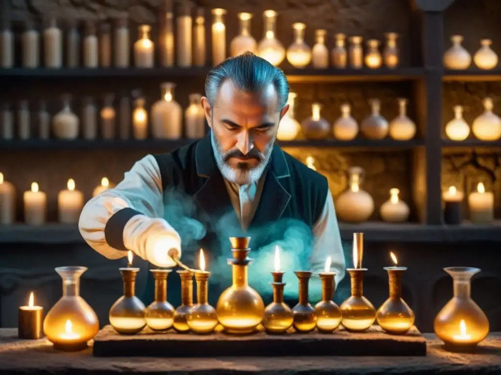 Un alquimista antiguo en su laboratorio iluminado por velas, creando una poción mágica