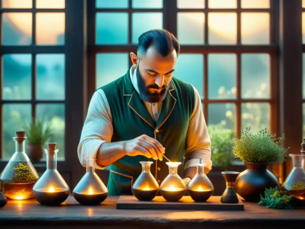 Ilustración detallada de alquimista en laboratorio antiguo Un alquimista antiguo en su laboratorio, mezclando ingredientes con sabiduría alquímica, rodeado de cristalería y símbolos místicos