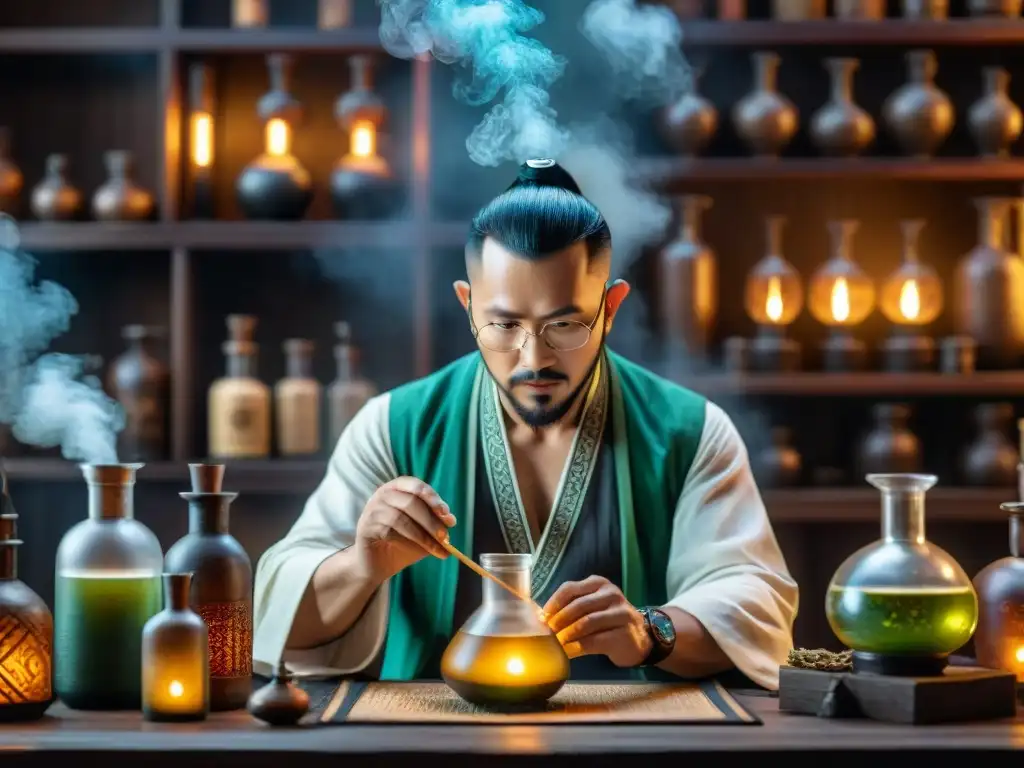 Un alquimista antiguo en un laboratorio misterioso, mezclando pociones en la penumbra