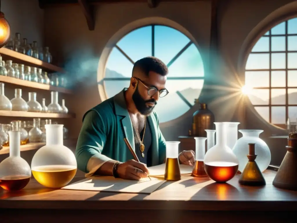 Un alquimista antiguo estudia un orbe luminoso en su laboratorio desordenado, rodeado de instrumentos y símbolos alquímicos