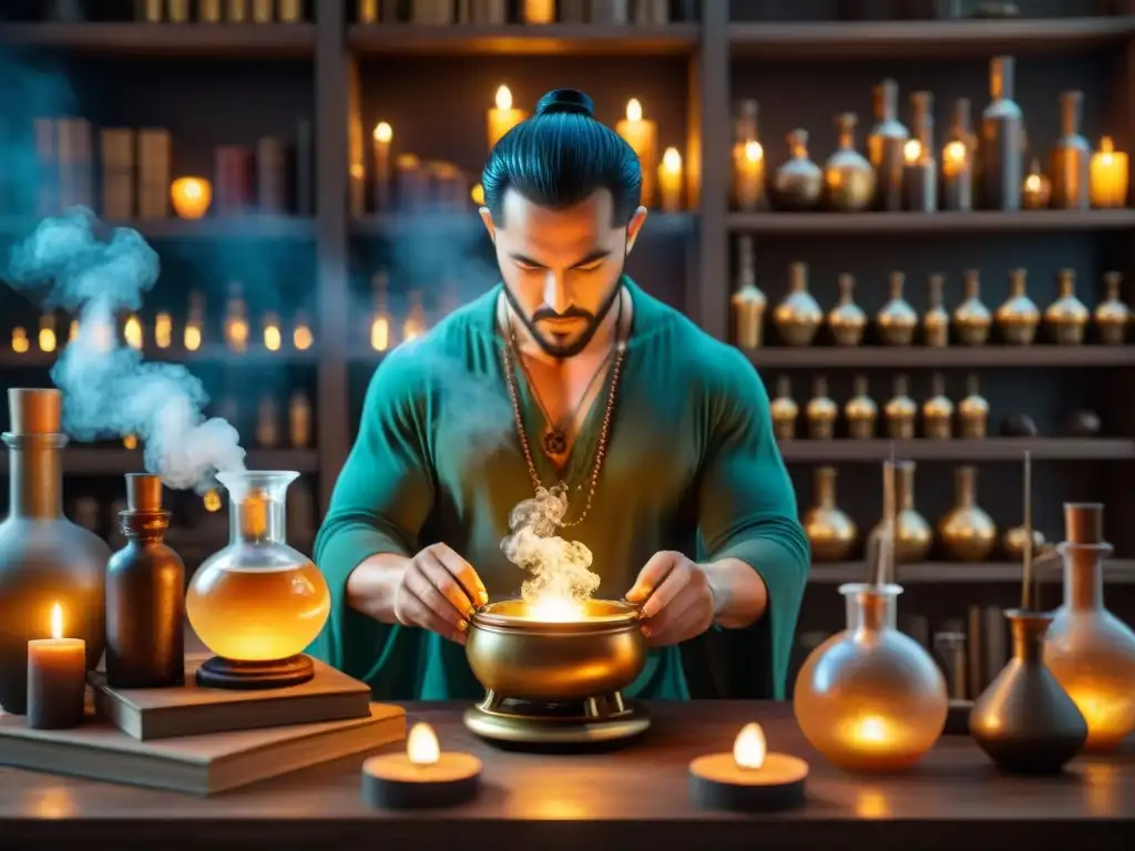 Un alquimista antiguo en su taller iluminado por velas, transmutando líquidos brillantes en una caldera dorada