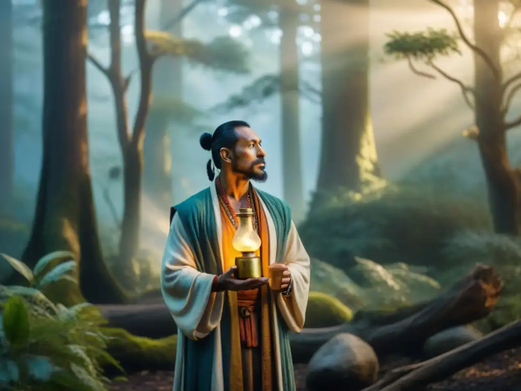 Un alquimista y un chamán antiguos se paran juntos en un bosque místico, envueltos en neblinas, iluminados por la luz dorada entre árboles antiguos