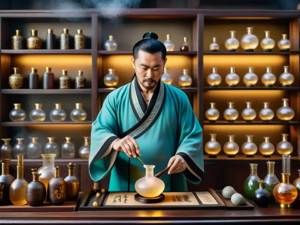 Un alquimista chino antiguo mezcla ingredientes en su laboratorio iluminado, rodeado de herramientas y sustancias misteriosas