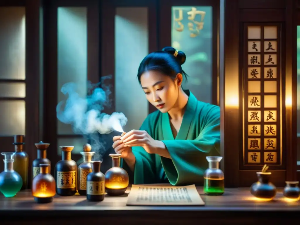 Alquimista chino en su laboratorio: misterio y descubrimiento Un alquimista chino en su laboratorio ancestral, con legado en el mundo contemporáneo