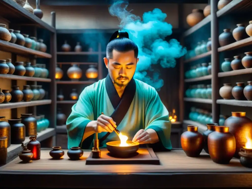 Un alquimista chino en su laboratorio, con detalles místicos y científicos, refleja la trascendencia de la alquimia china