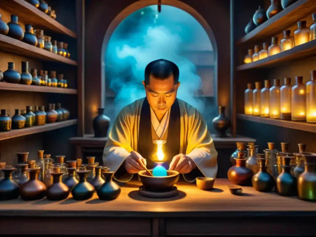 Un alquimista chino preparando recetas alquímicas elixires en su misterioso laboratorio iluminado por velas