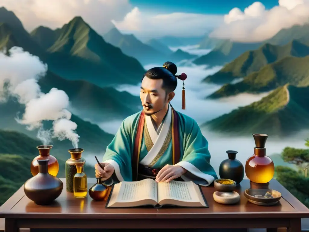 Alquimista chino en la montaña: sabiduría ancestral y misterio Un alquimista chino en la montaña, rodeado de ingredientes y manuscritos antiguos