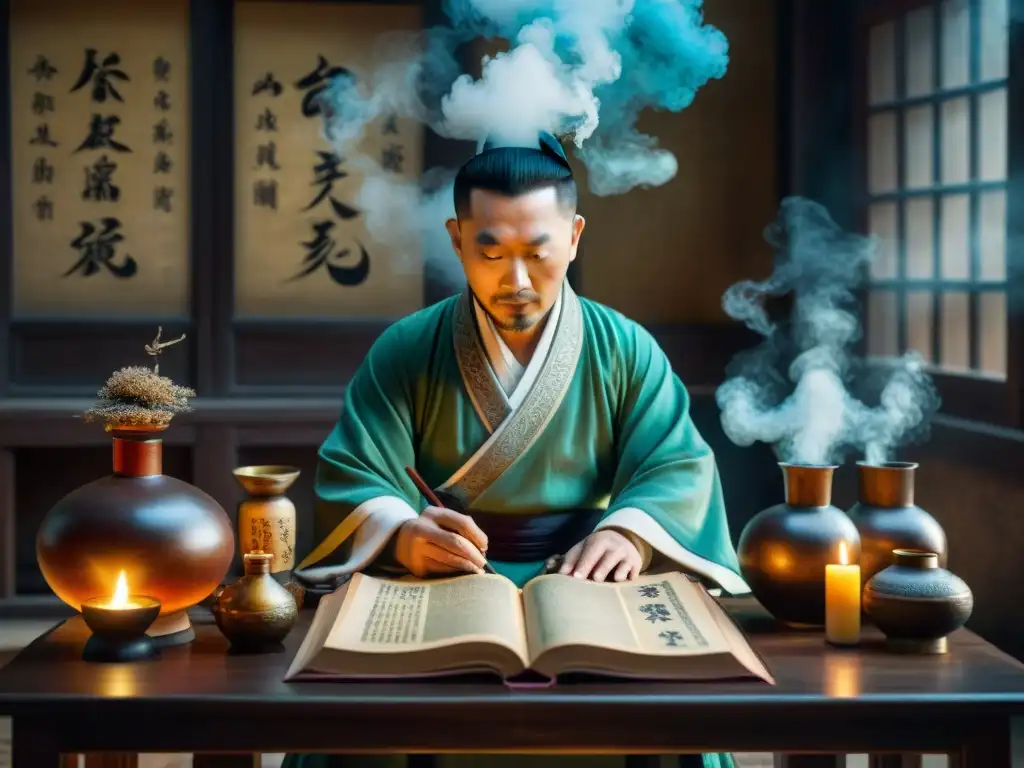 Arte místico: alquimista chino en acción Un alquimista chino tradicional trabajando en un misterioso cuarto lleno de elementos antiguos
