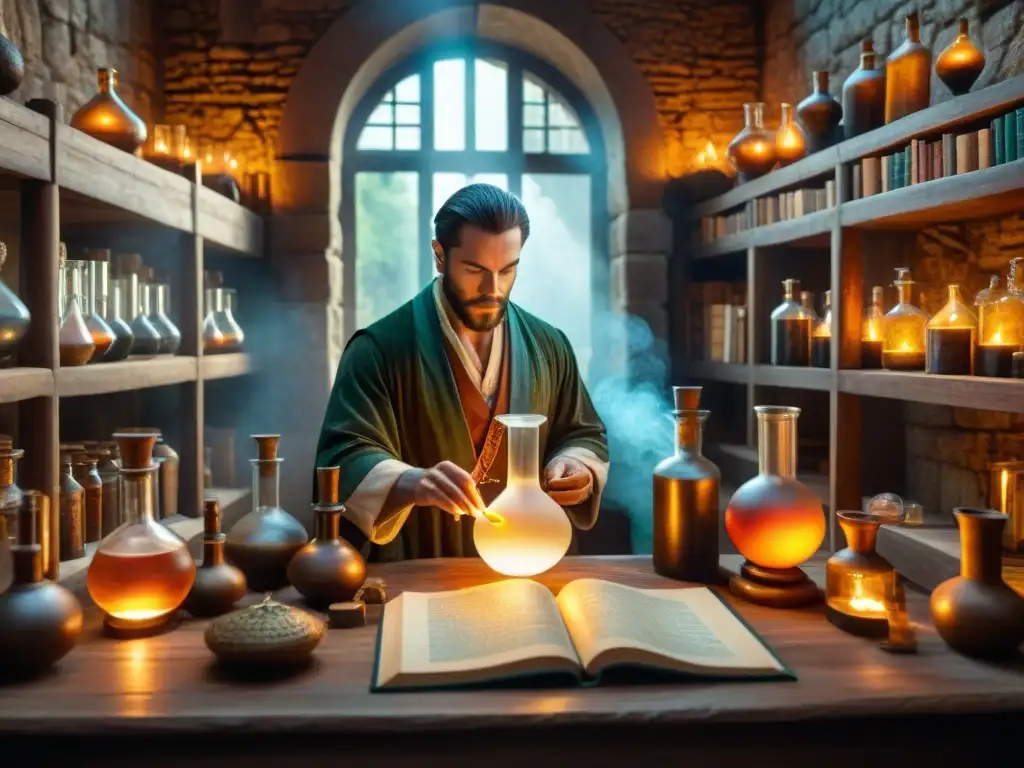 Un alquimista concentrado en su laboratorio medieval, rodeado de libros antiguos, líquidos y símbolos misteriosos