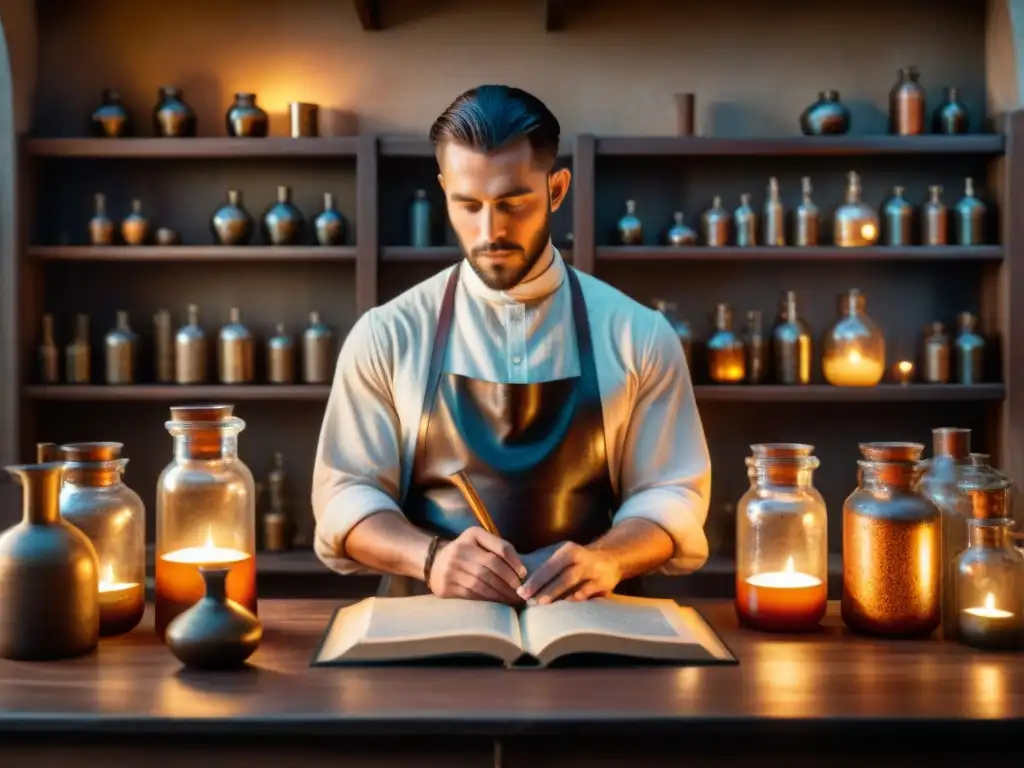 Un alquimista concentrado en su laboratorio medieval, rodeado de libros antiguos y pociones burbujeantes