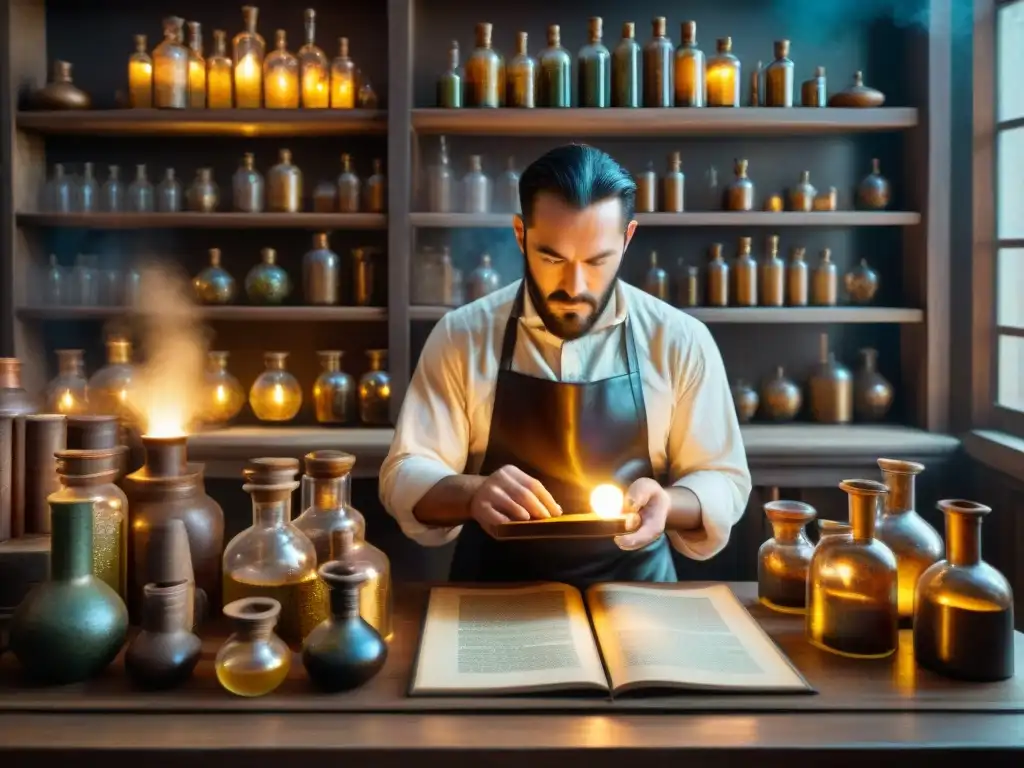 Un alquimista concentrado en su laboratorio misterioso, rodeado de libros antiguos, pociones burbujeantes e instrumentos metálicos