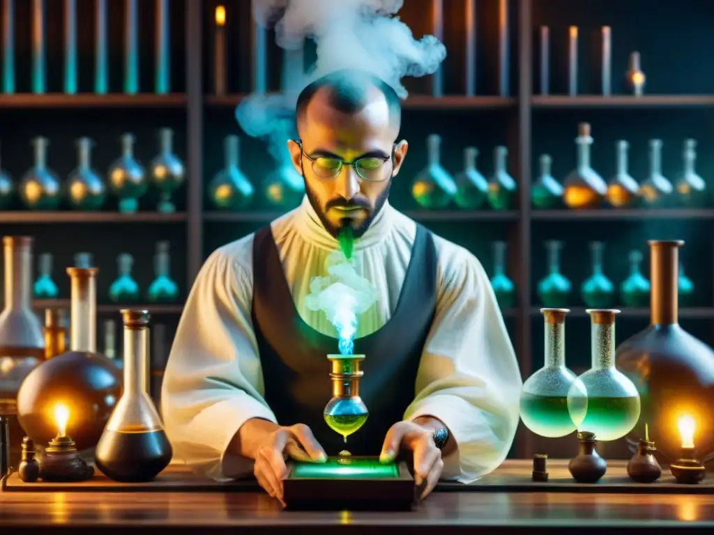 Un alquimista concentrado en su laboratorio, rodeado de frascos burbujeantes y símbolos, realizando una filtración alquímica en la ciencia