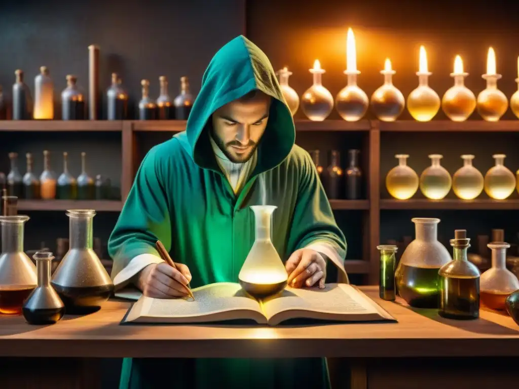 Un alquimista contemporáneo en su laboratorio, rodeado de libros antiguos y símbolos místicos, vierte líquidos brillantes de un frasco a otro