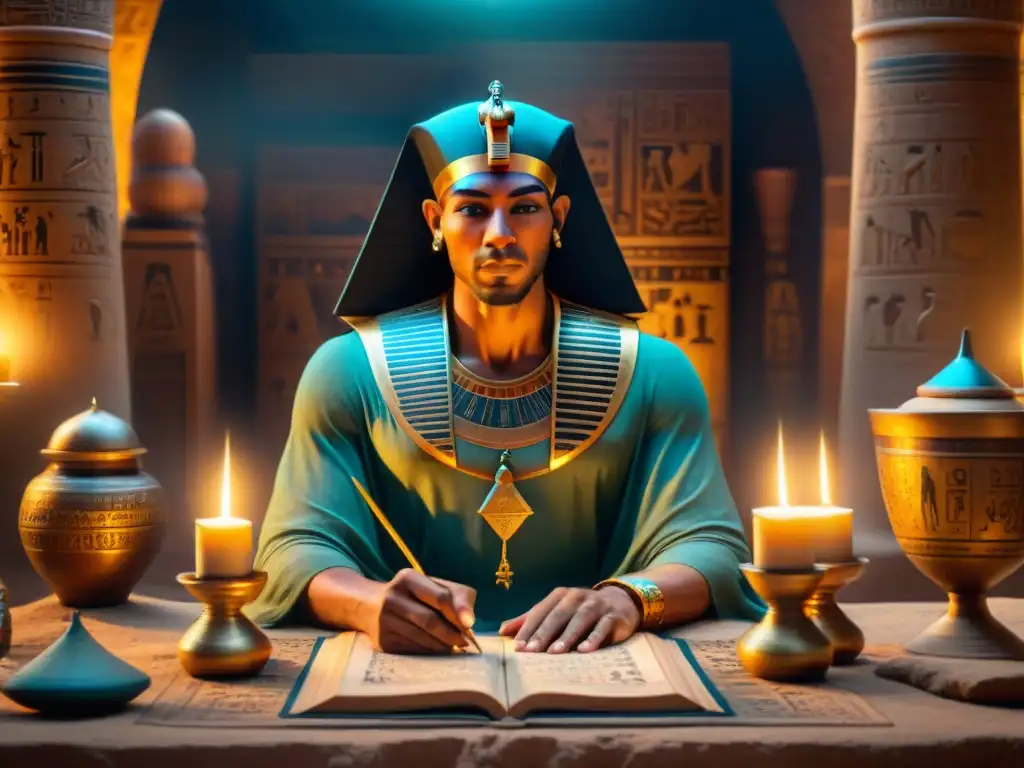 Alquimia egipcia: el misterio ancestral Un alquimista egipcio en su cámara iluminada por velas con símbolos antiguos