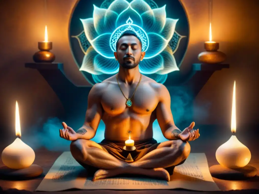 Un alquimista meditando en su estudio iluminado por una piedra filosofal, simbolizando los paralelismos entre alquimia y meditación