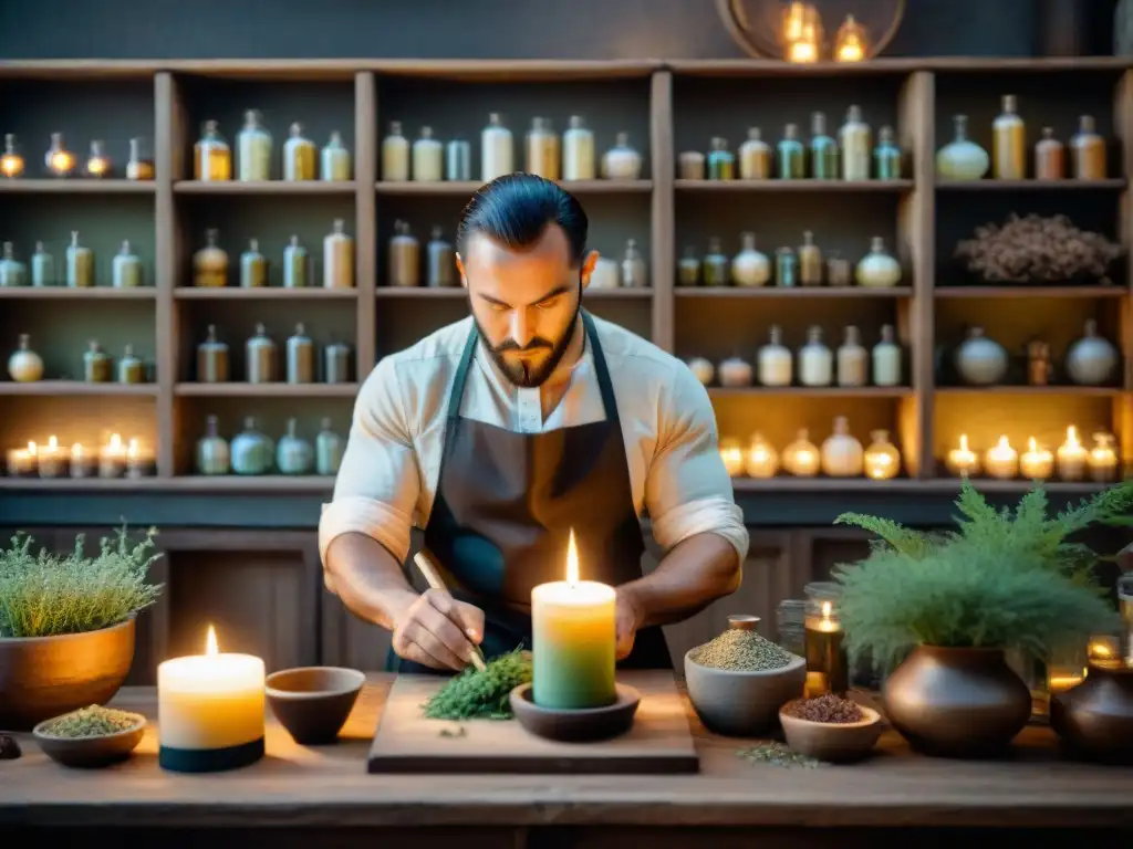 Un alquimista experto mezclando ingredientes botánicos en un laboratorio medieval iluminado por velas, evocando sabiduría y misterio