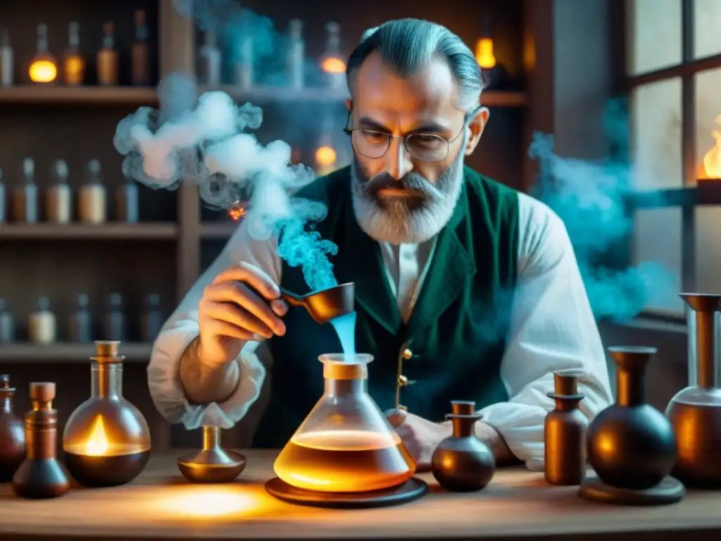 Un alquimista experto en su laboratorio, creando medicinas en un ambiente misterioso y lleno de sabiduría