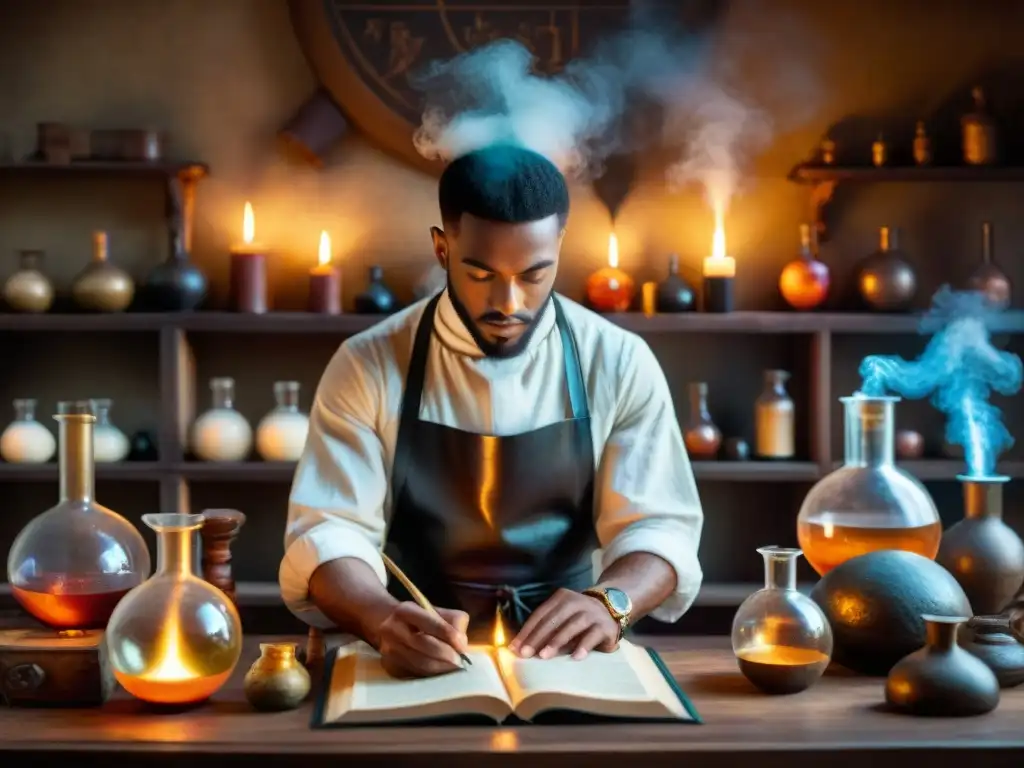 Un alquimista experto en su laboratorio, rodeado de manuscritos antiguos y pociones burbujeantes, estudiando un orbe brillante