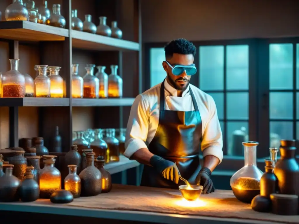 Un alquimista experto mezcla líquidos brillantes en un laboratorio tenue, rodeado de minerales