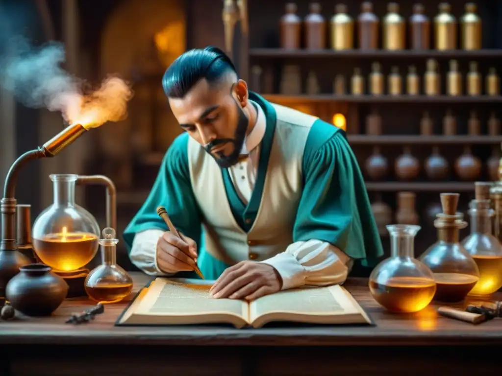 Alquimista experto en misterioso taller Alquimista experto en su taller, rodeado de libros antiguos y pociones, transmutando elementos