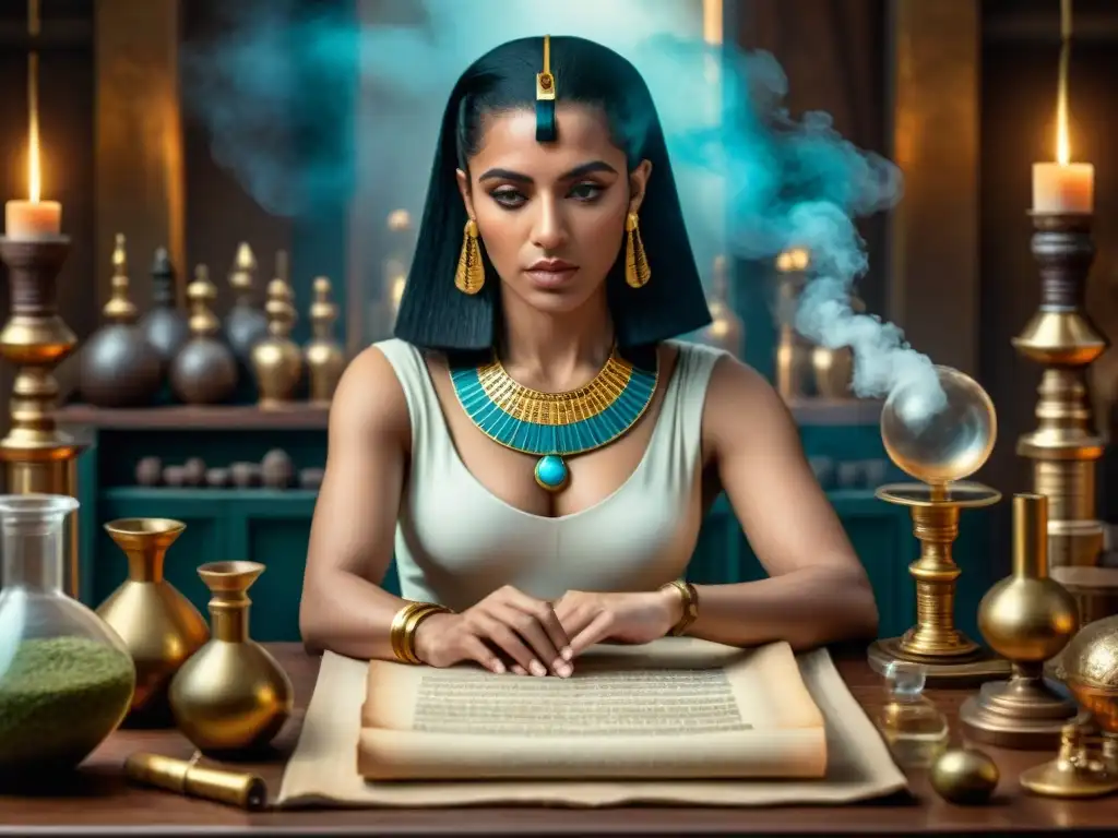 Cleopatra la Alquimista, figura femenina poderosa, concentra su sabiduría en un laboratorio alquímico rodeada de instrumentos antiguos y pergaminos, en una escena que evoca la Historia de la alquimia femenina