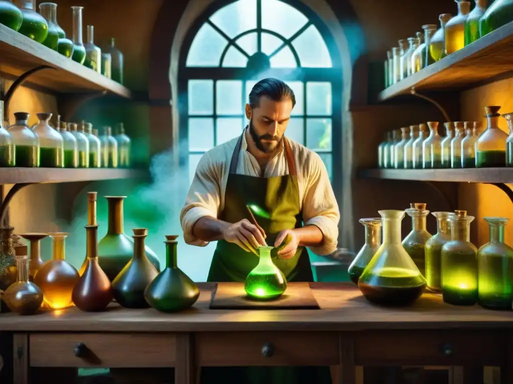 Un alquimista habilidoso mezcla una poción verde en su laboratorio medieval, rodeado de ingredientes botánicos misteriosos