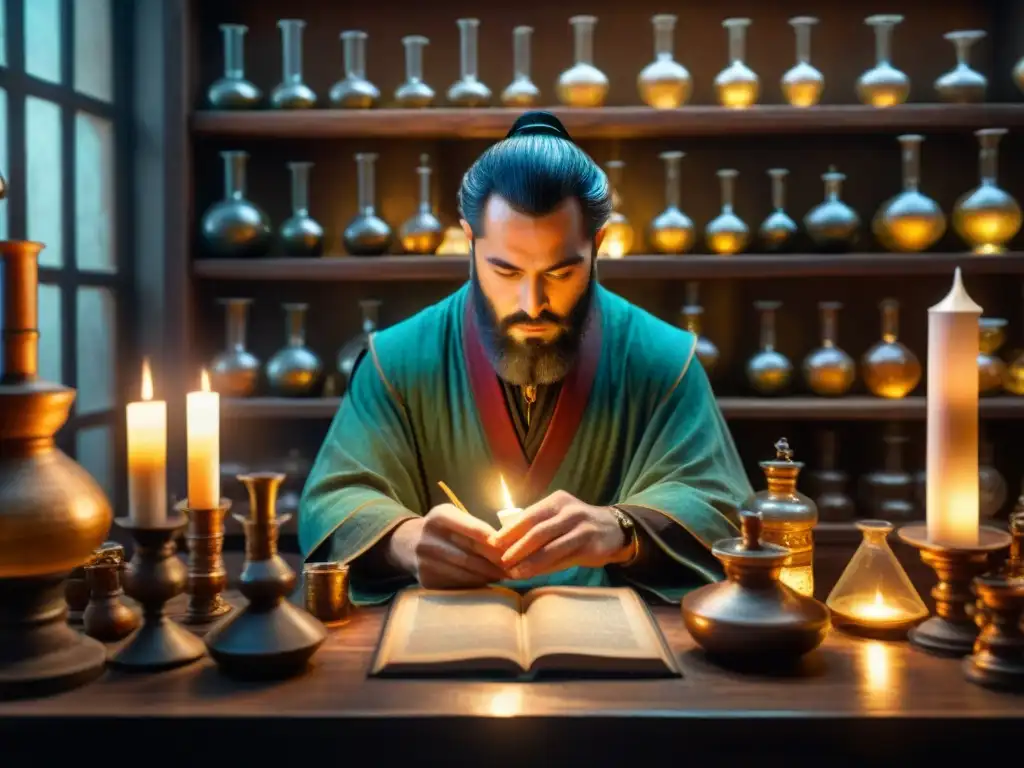 Alquimista ancestral realizando misteriosas mezclas en laboratorio antiguo Un alquimista habilidoso mezcla sustancias en un laboratorio antiguo, rodeado de libros y herramientas