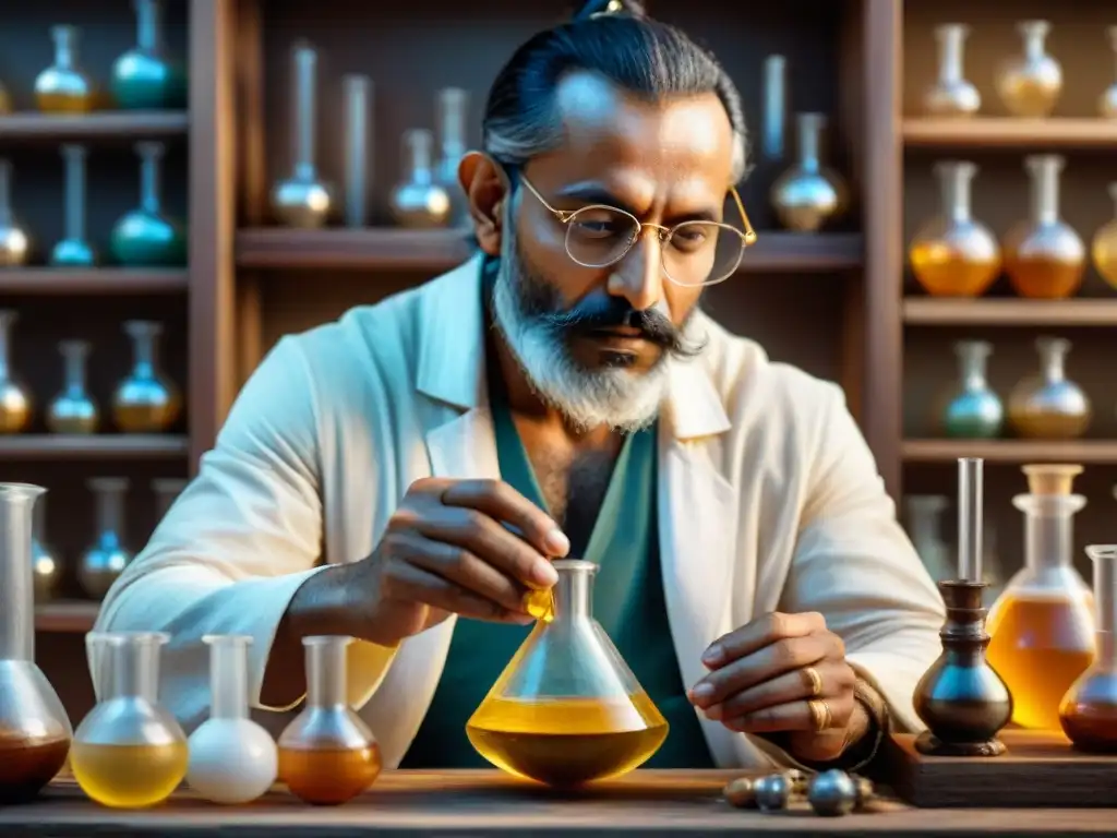 Un alquimista indio antiguo en su laboratorio, creando un elixir dorado misterioso