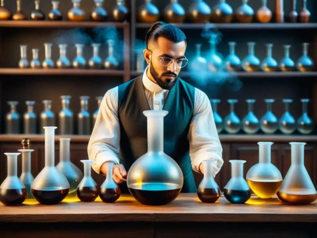 Un alquimista en su laboratorio, filtra un líquido misterioso entre antiguos símbolos y manuscritos en sepia