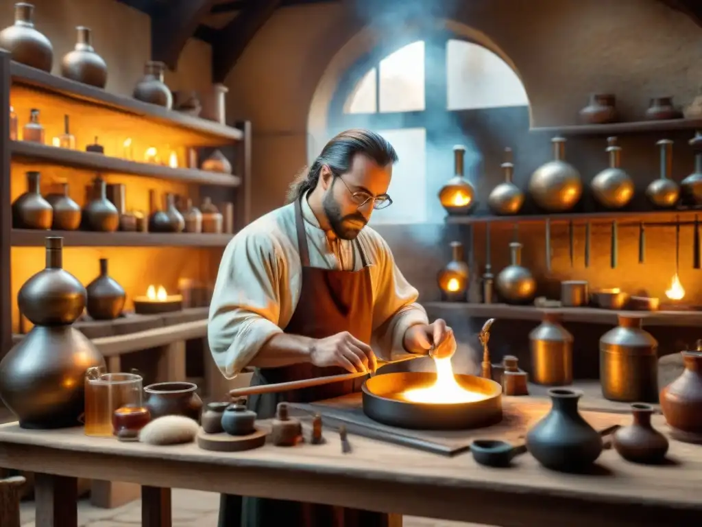 Un hábil alquimista en su laboratorio medieval, fusionando alquimia con ingeniería moderna