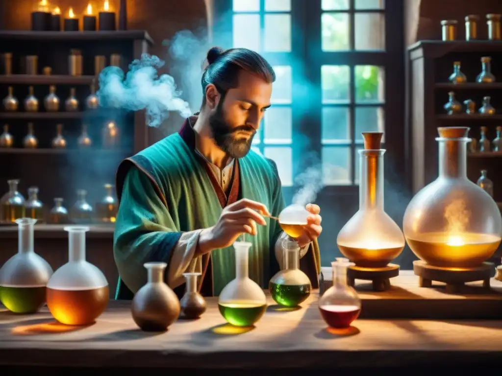 Un alquimista en su laboratorio medieval, manipulando éter alquímico para bienestar integral