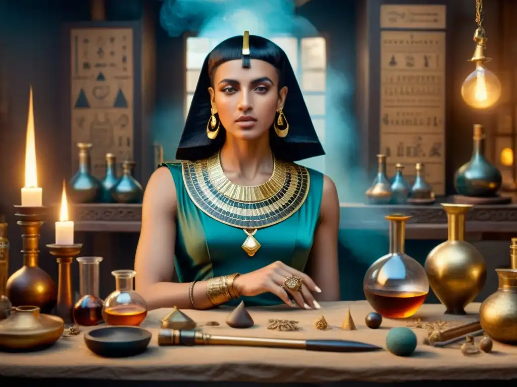 Cleopatra, la Alquimista, en su laboratorio rodeada de herramientas antiguas y símbolos místicos