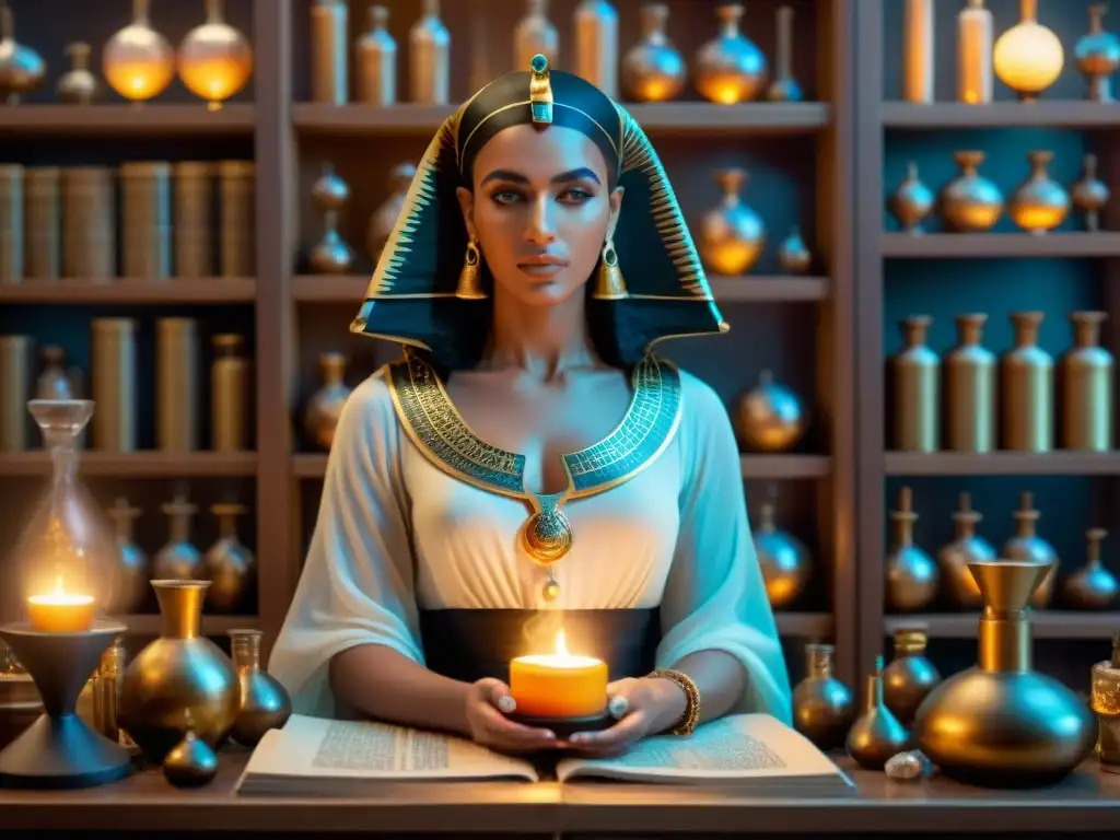 Cleopatra la Alquimista en su laboratorio rodeada de símbolos místicos, pociones y pergaminos antiguos